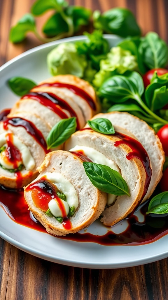 Sliced Caprese stuffed chicken breast filled with mozzarella, tomatoes, and basil, drizzled with balsamic glaze, on a rustic table.